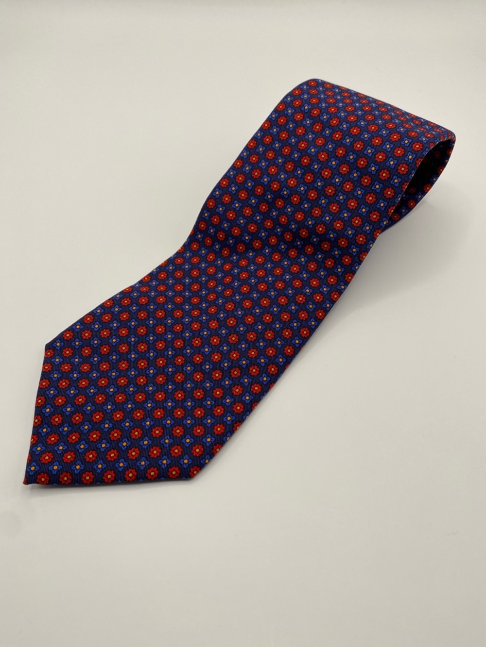 Polo by Ralph Lauren Navy Tie with Red & Blue Medallion Pattern 100% Silk